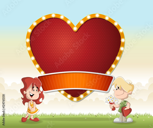 Vector banners backgrounds in shape of a heart icon. Design text billboard with cartoon kids in love.   