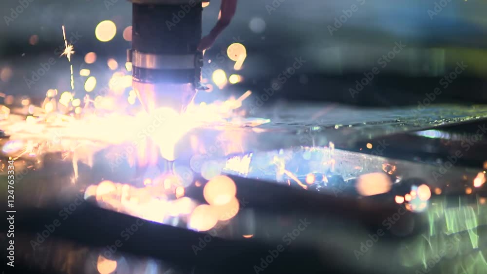 Plasma laser cutting metal sheet with sparks