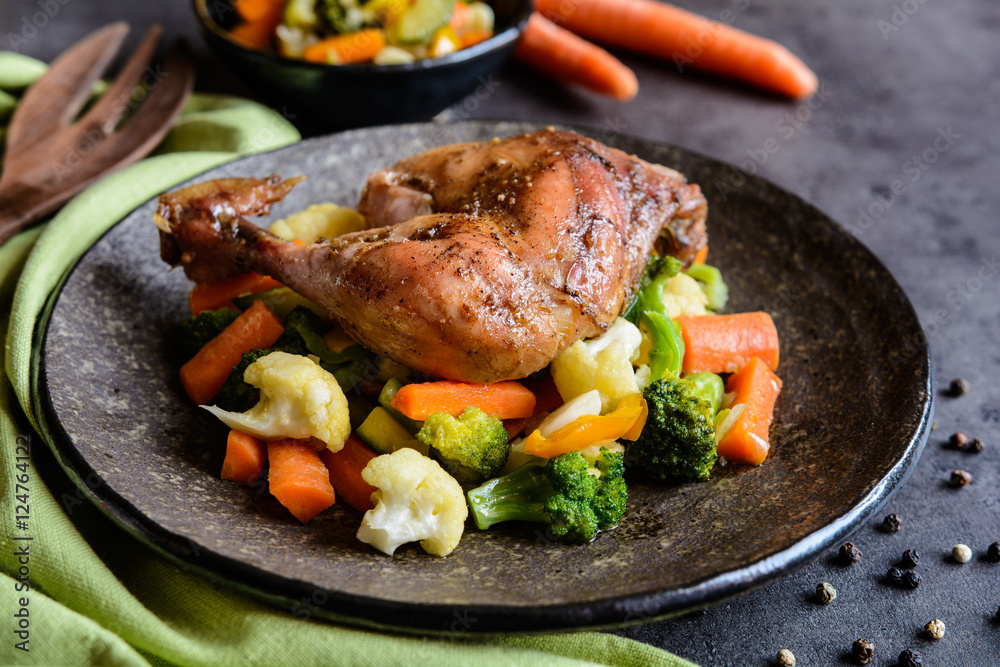 Roasted chicken leg with steamed vegetable Roasted chicken leg with steamed vegetable