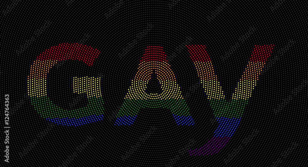 GAY letters radial dot pattern. In a field of gray dots the word GAY is