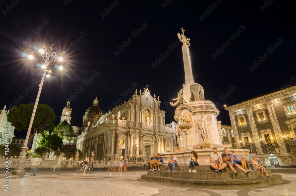 Night view of the Piazza del Duomo with the statue of the Elephant and the cathedral in Catania
