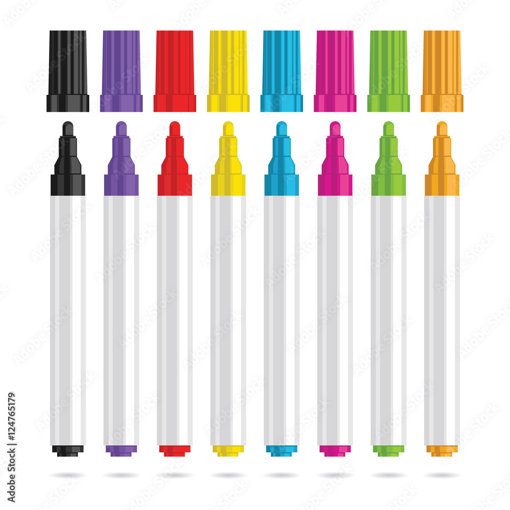 Markers pen. Set of eight color markers. Vector illustration. - obrazy, fototapety, plakaty 