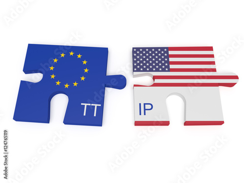 TTIP: EU and US Flag Puzzle Pieces, 3d illustration
