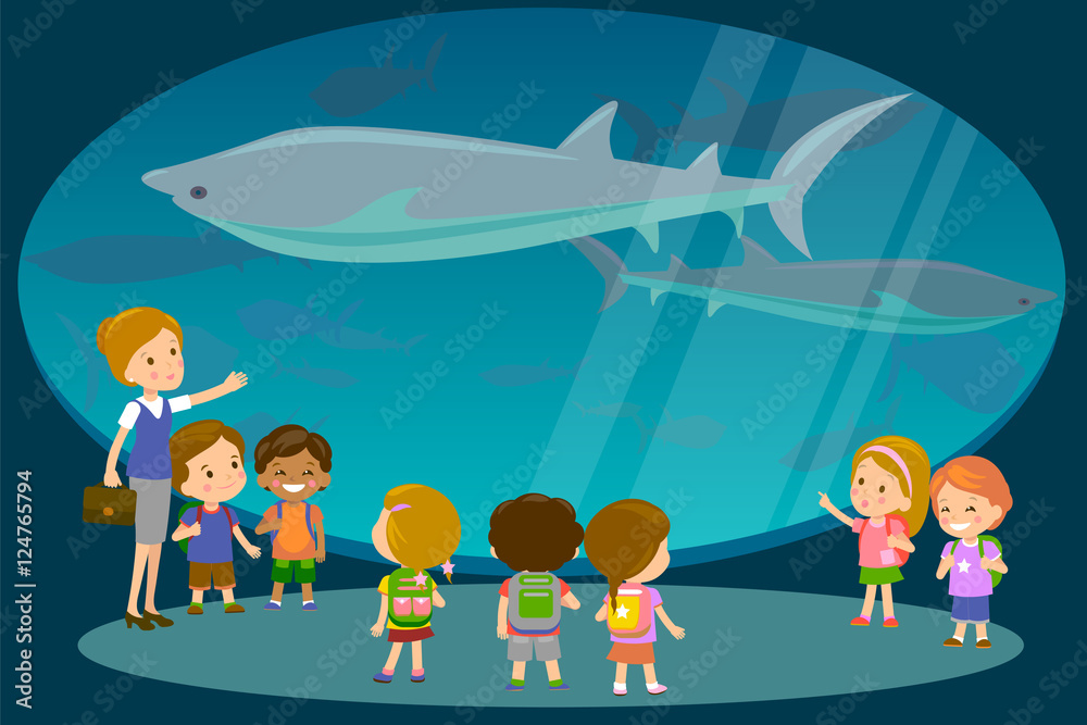 Fototapeta premium Group of kids watching sharks at oceanaruim aquarium excursion with a teacher. School or kindergarten students on filed trip. Modern flat style vector illustration cartoon.