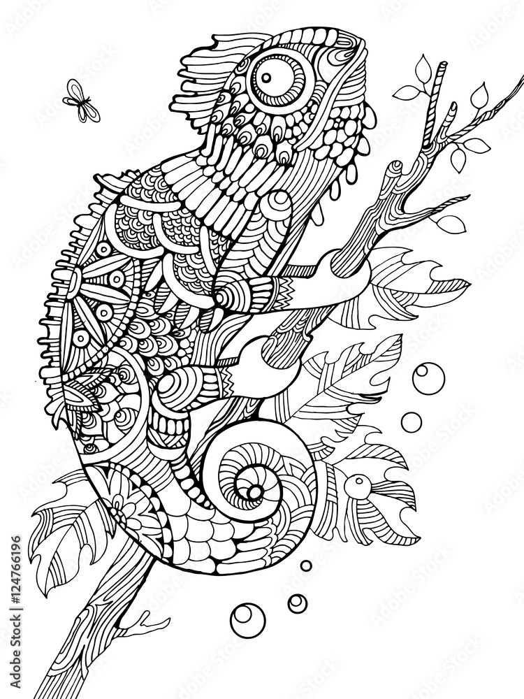 Obraz premium Chameleon coloring book for adults vector