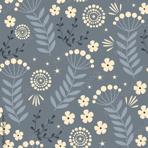 Vector floral seamless pattern. Doodle flowers on dark background