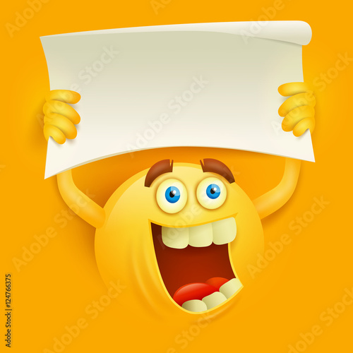 Happy smiley yellow round face with paper banner in hands