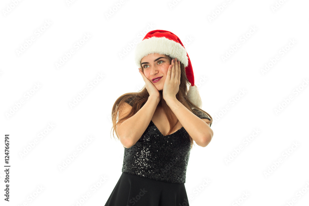 portrait of happy beautiful girl in santa hat portrait of happy beautiful girl in santa hat