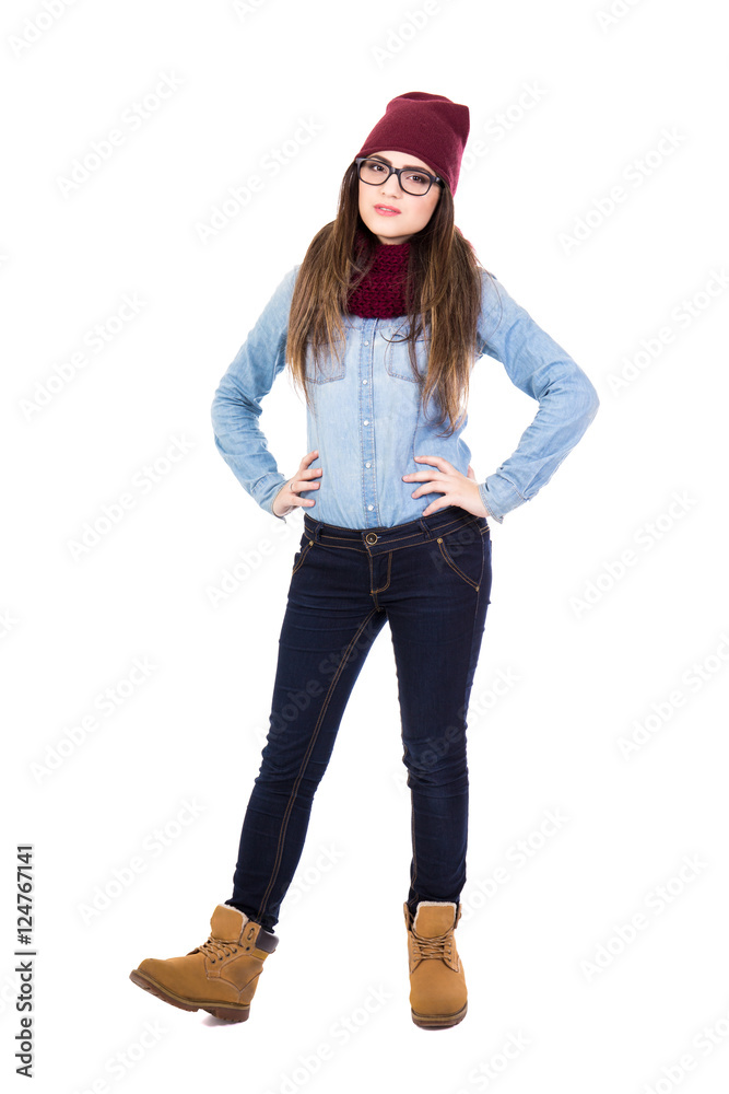young woman in winter clothes isolated on white young woman in winter clothes isolated on white