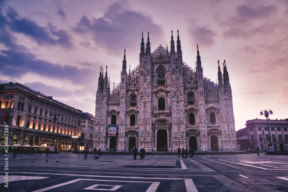 Piazza del Duomo and the Duomo, Gothic style cathedral at sunrise, Milan, Lombardy, Italy