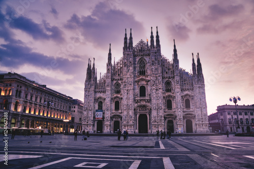 Piazza del Duomo and the Duomo, Gothic style cathedral at sunrise, Milan, Lombardy, Italy