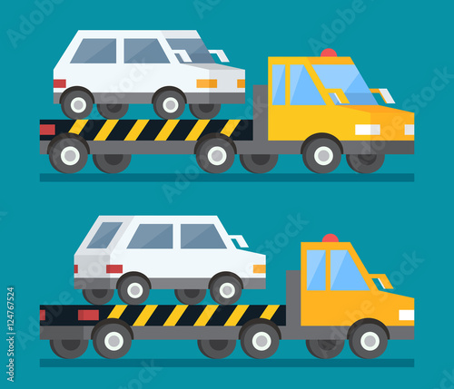 Evacuation car, road assistance service help. Evacuator tow track. Flat design illustration.