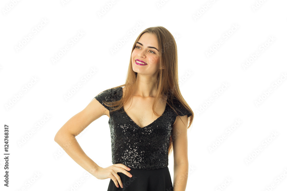 young lady with purple lips looking away and smiling young lady with purple lips looking away and smiling