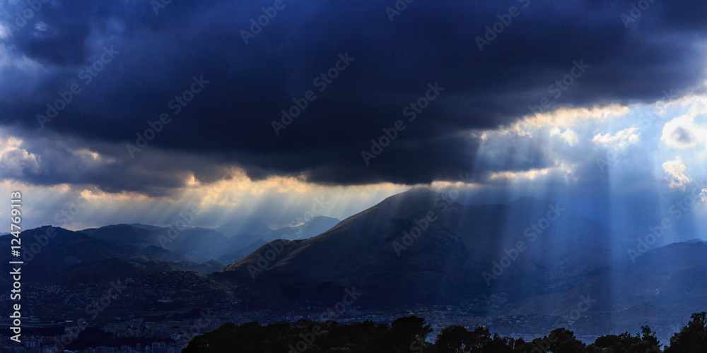 Orange Sunset with Sunrays over Palermo Sicily in Europe