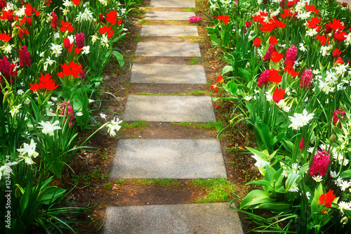 Step stones close up in fresh spring flower garden, retro toned © neirfy