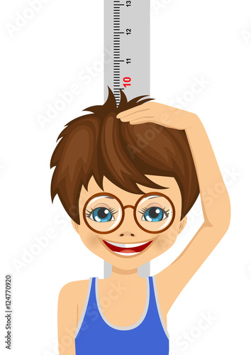 nerd boy with glasses measuring his height