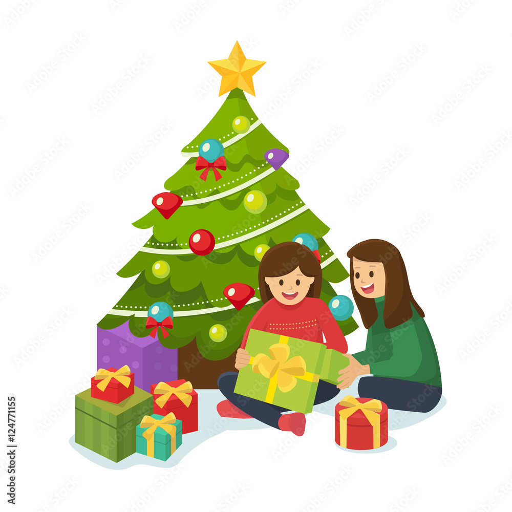 Kids opening presents in front of the Christmas tree Kids opening presents in front of the Christmas tree