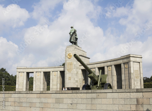  Architectural detail of the Soviet War Memorial in Treptower Park in central Berlin. Russian tank of the WWII