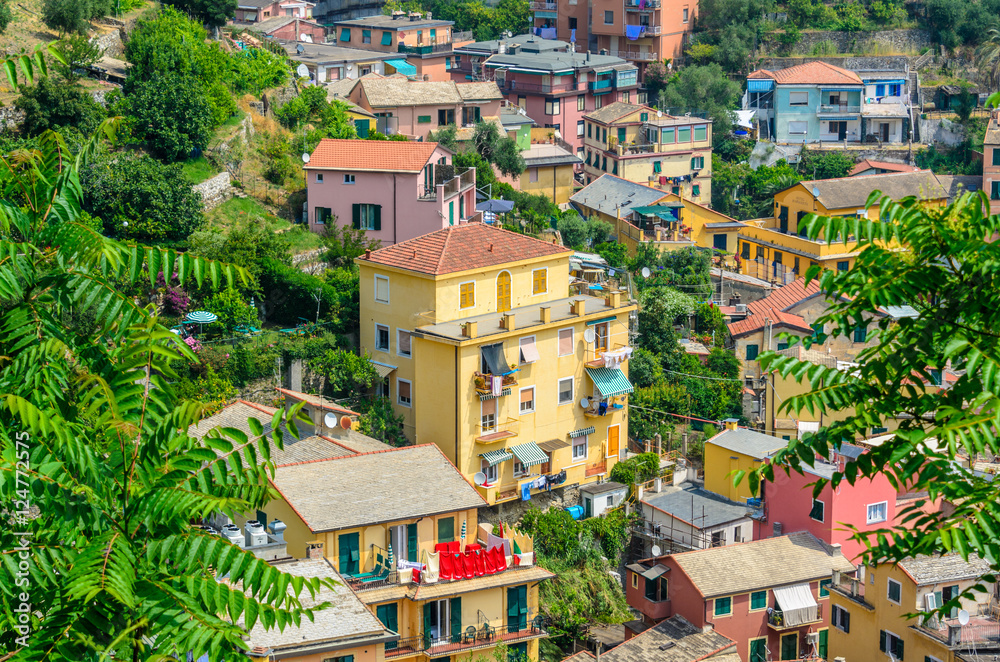Fototapeta premium Monterosso in Cinque Terre, Italy, view at the town from mountain trail