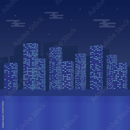 Night cityscape in flat style. Building skyscraper architecture evening illustration