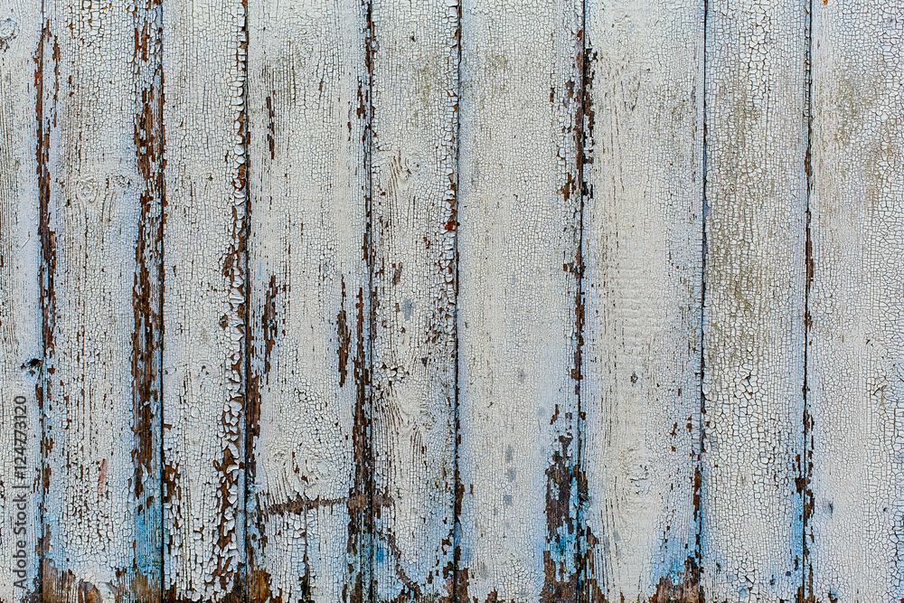 Vertical wooden planks with peeling off white paint. Background, texture