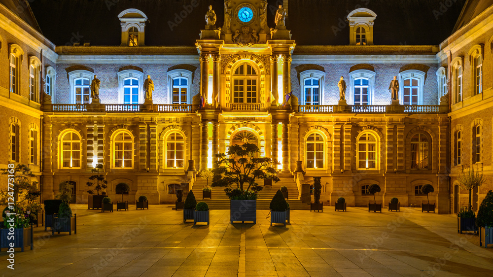 Beautiful night view of the Palace of Justice in Amiens, Paris, France.