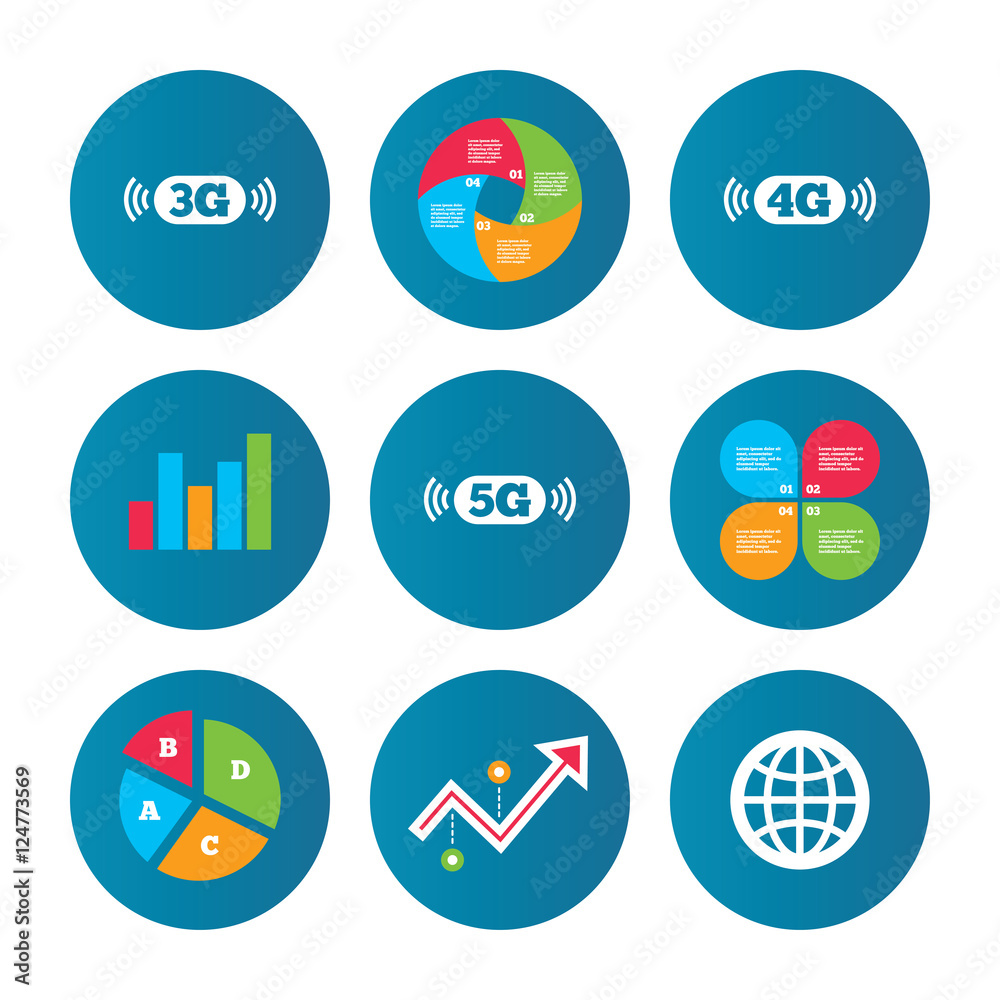 Mobile telecommunications icons. 3G, 4G and 5G.