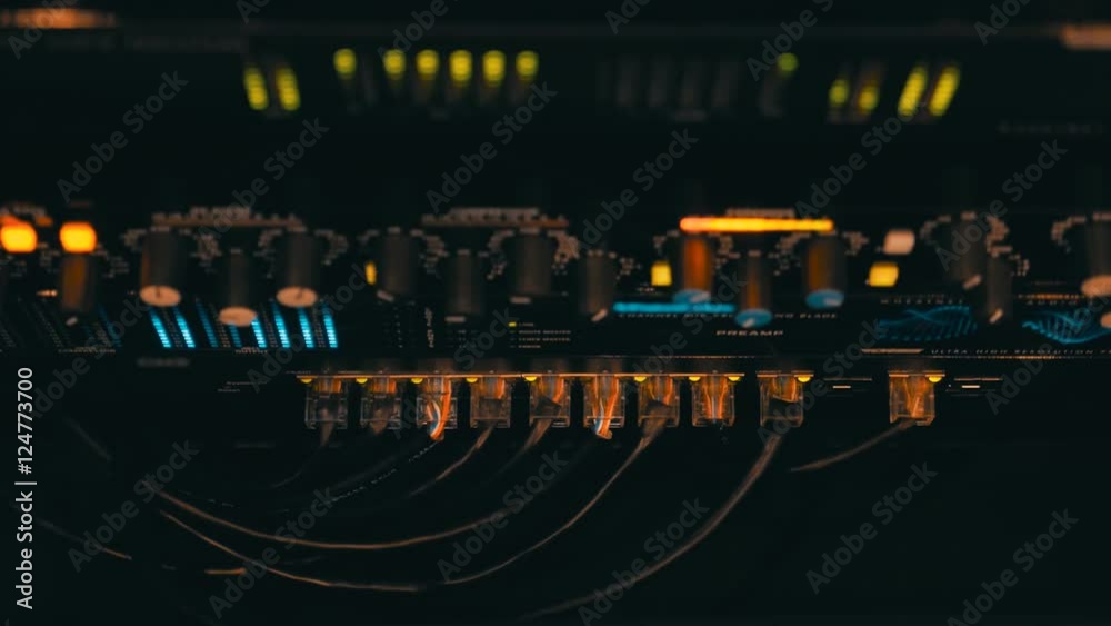 Professional audio-video equipment works, and illuminated a lots of lights and reflections