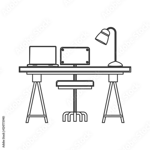 wooden desk with chair with lamp and laptop icon over white background. workplace design. vector illustration
