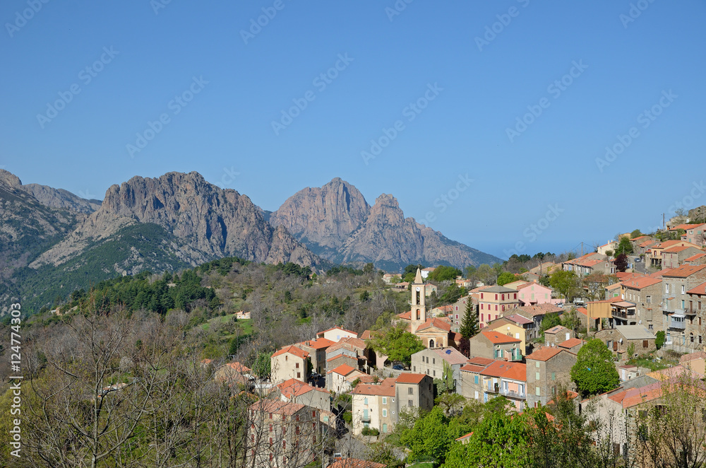 Spring Corsican view with hill village Evisa