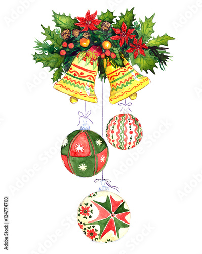 Christmas decoration with pine tree branches, berries, bells and holly, for greeting card,  hand painted watercolor illustration