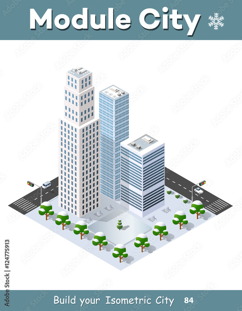 Isometric module of the modern 3D city. Winter landscape snowy trees, streets. Three-dimensional views of skyscrapers, houses, buildings and urban areas with transport roads, intersections Isometric module of the modern 3D city. Winter landscape snowy trees, streets. Three-dimensional views of skyscrapers, houses, buildings and urban areas with transport roads, intersections
