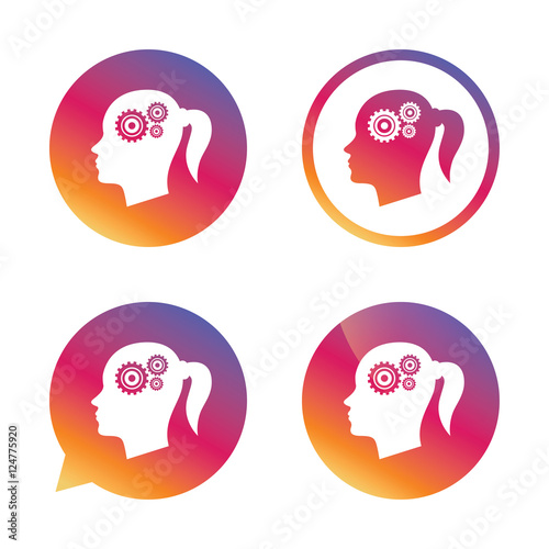 Head with gears sign icon. Female woman head.