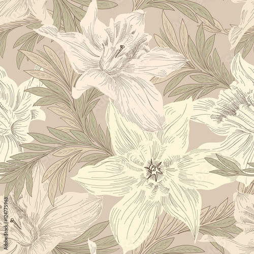 Floral seamless pattern. Flower doodle background. Floral engraved texture. Flourish wallpaper