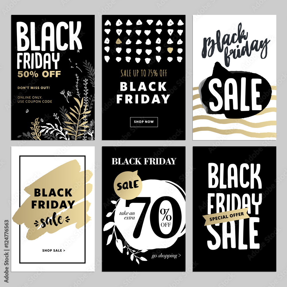 Set of mobile sale banners. Black Friday sale banners. Vector illustrations of online shopping website and mobile website banners, posters, newsletter designs, ads, coupons, social media banners.