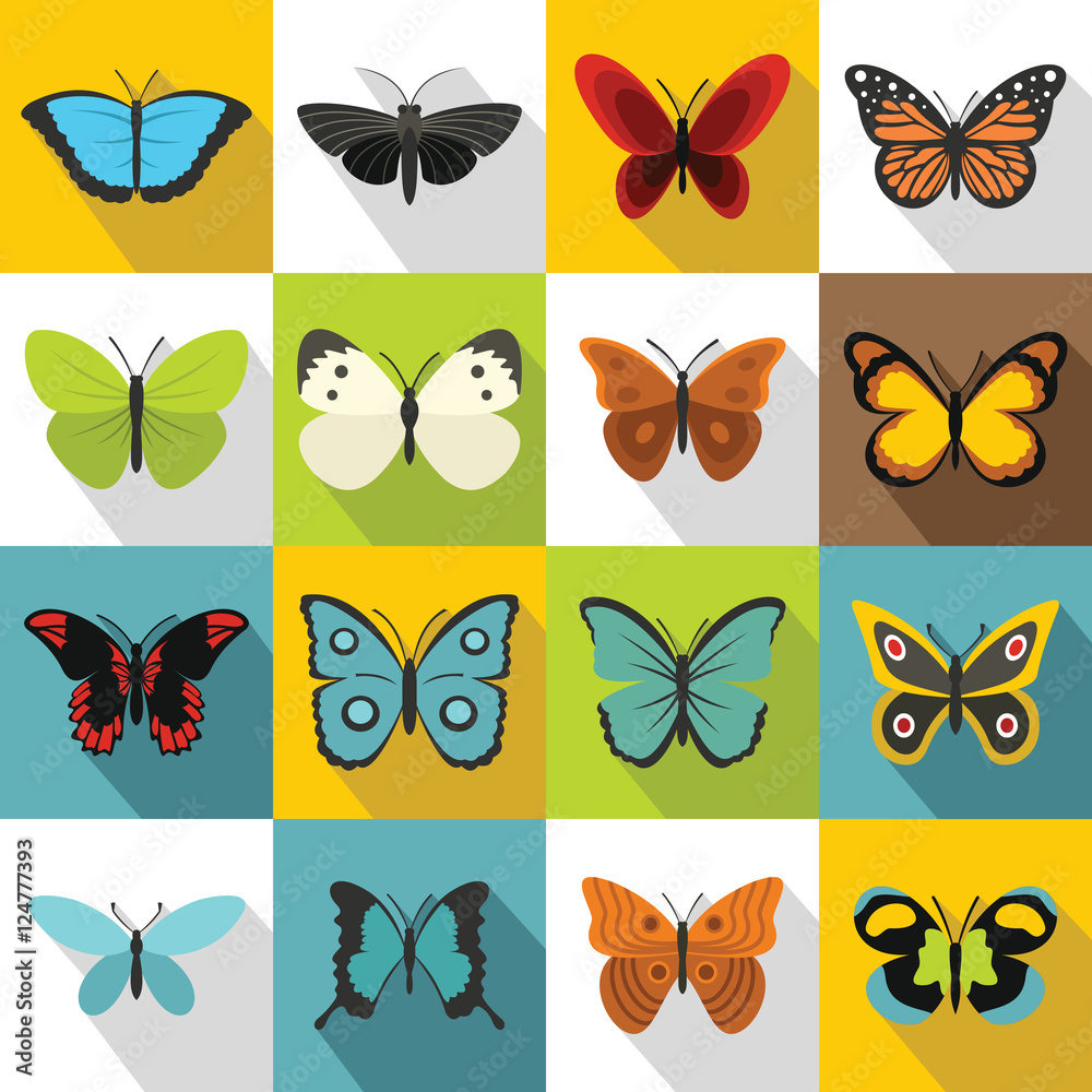 Naklejka Zestaw ikon motyla. Płaska ilustracja 16 ikon wektorowych motyla dla sieci