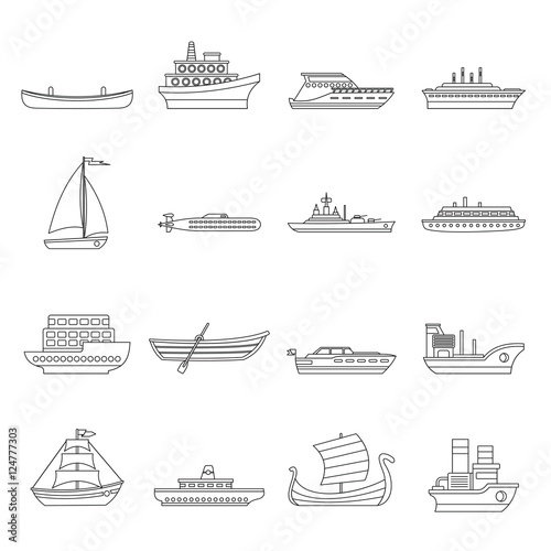 Fototapeta Naklejka Na Ścianę i Meble -  Sea transport icons set. Outline illustration of 16 sea transport vector icons for web