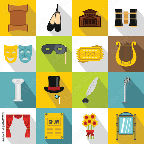 Theater icons set. Flat illustration of 16 theater vector icons for web