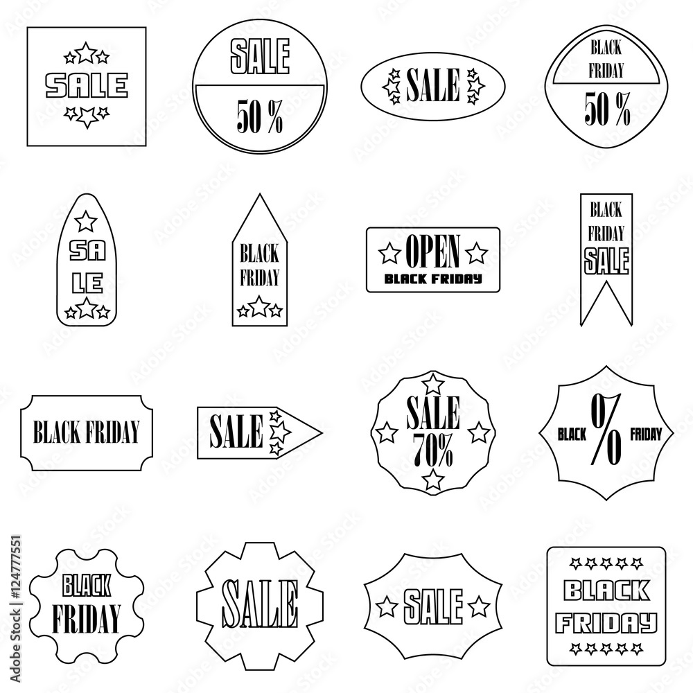 Obraz premium Black Friday Sales signs icons set. Outline illustration of 16 Black Friday Sales signs vector icons for web