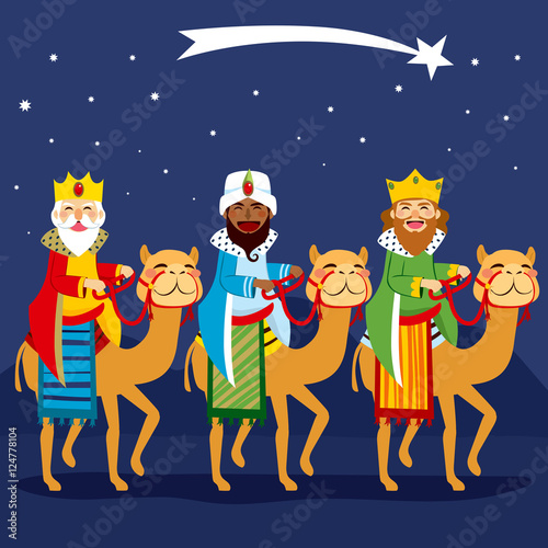 Three happy kings riding camel following shooting star