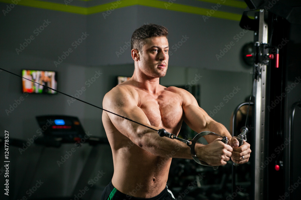 Athletic strong bodybuilder deals with a dumbbell in the gym Athletic strong bodybuilder deals with a dumbbell in the gym
