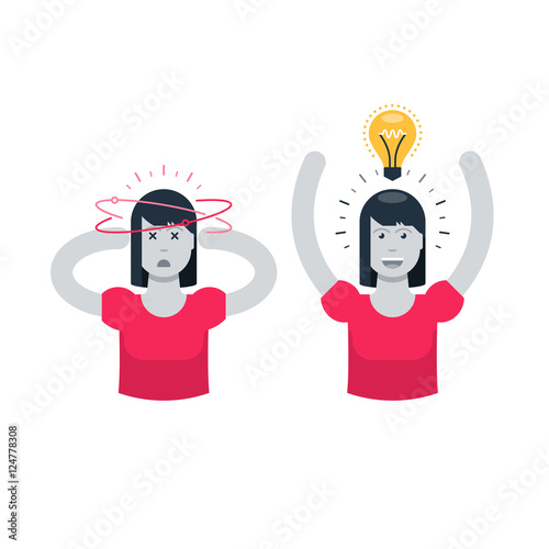 Tired woman and full of energy in comparison, exhausted femail