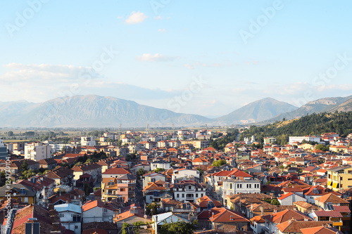 Aerial view to small town Korca, situated in south-east of Albania.