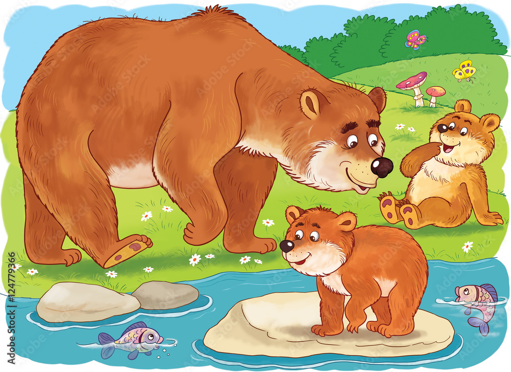 At the zoo. Cute forest animals. A family of cute bears. Mother bear and he  babies looking for fish. Illustration for children. Coloring book. Coloring  page. Funny cartoon characters. Stock Illustration |