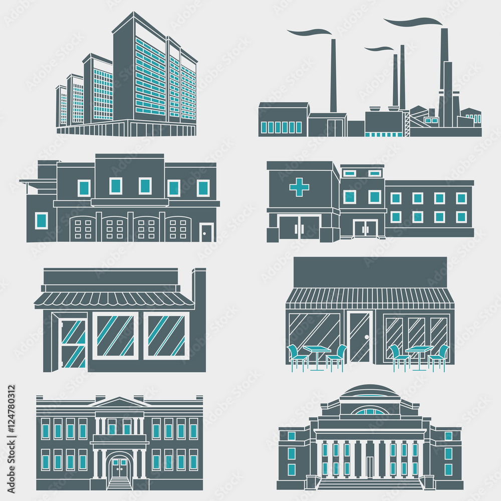 Obraz premium Vector illustration different urban industrial buildings in a flat style.