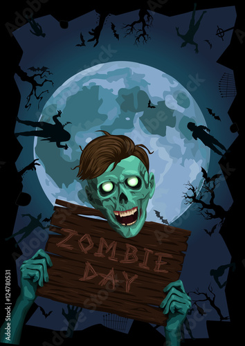 Halloween night moon zombi zombie evil spirits monster freak beast hold wooden board party invite bat graveyard.Vector vertical closeup view front portrait face illustration poster signboard.