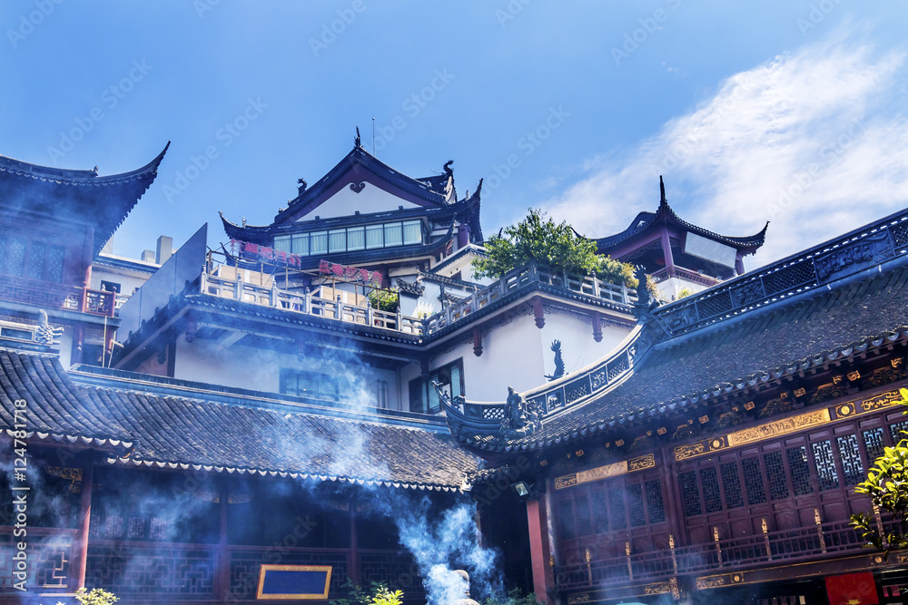 Taoist City God Temple Incense Smoke Roofs Yueyuan Shanghai Chin