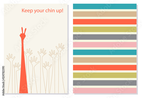 Funny and positive greeting card, booklet. Creative, motivation quote for cards, banners, posters. One red and eight transparent hands on white background. Keep your chin up phrase on the background