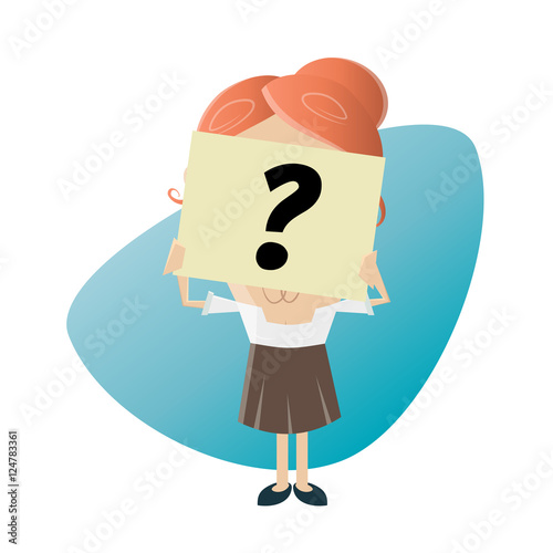 businesswoman hiding her face behind a question mark note