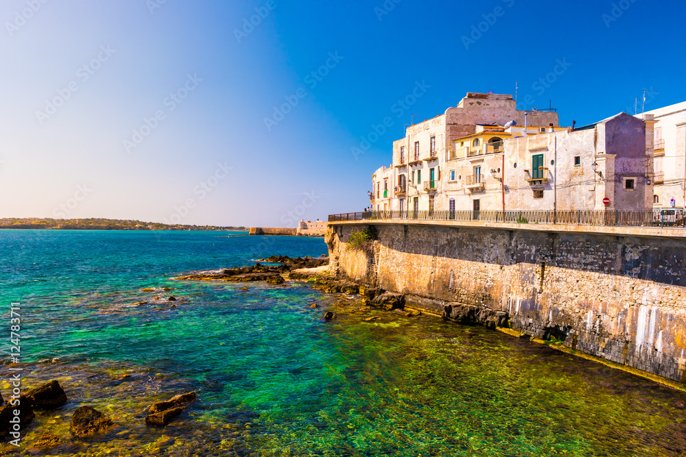 Coast of Ortigia island at city of Syracuse, Sicily, Italy. Beautiful travel photo of Sicily.